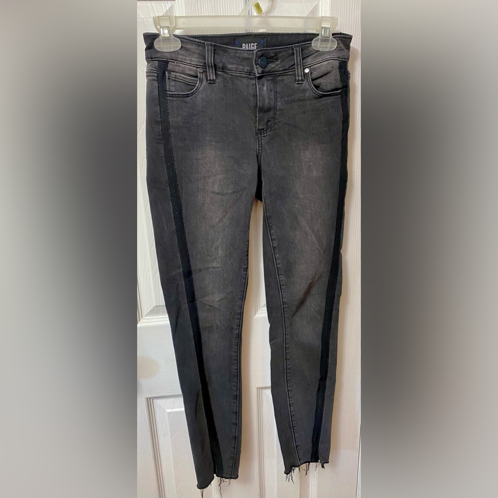 $229 PAIGE Verdugo Ankle Stretch Black Twisted Seam Side Stripe Jeans, 24